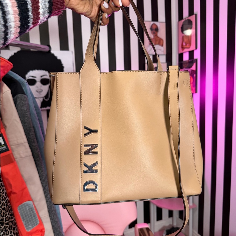 DKNY Beige Leather Tote with Logo